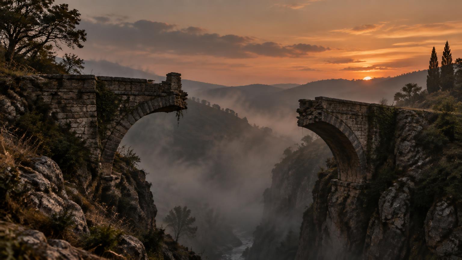 An old stone bridge over a ravine at dusk with one span missing in the middle — an image for the missing bridge between knowing and doing.