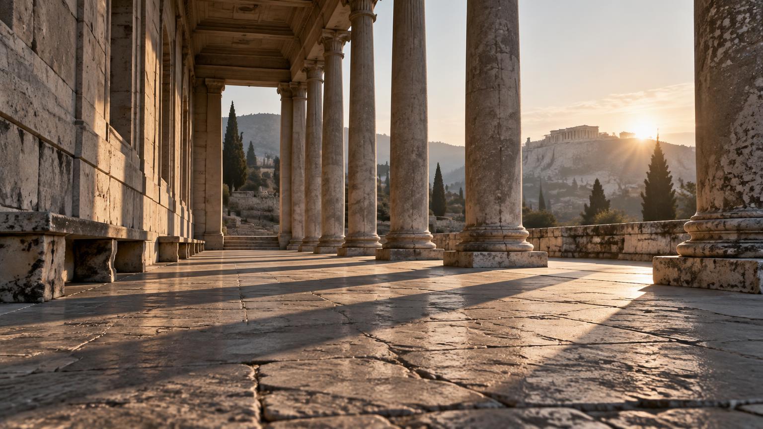 Eine leere antike Säulenhalle im frühen Morgenlicht, lange Schatten auf altem Steinboden – Bild für die öffentliche Übungspraxis der Stoiker.