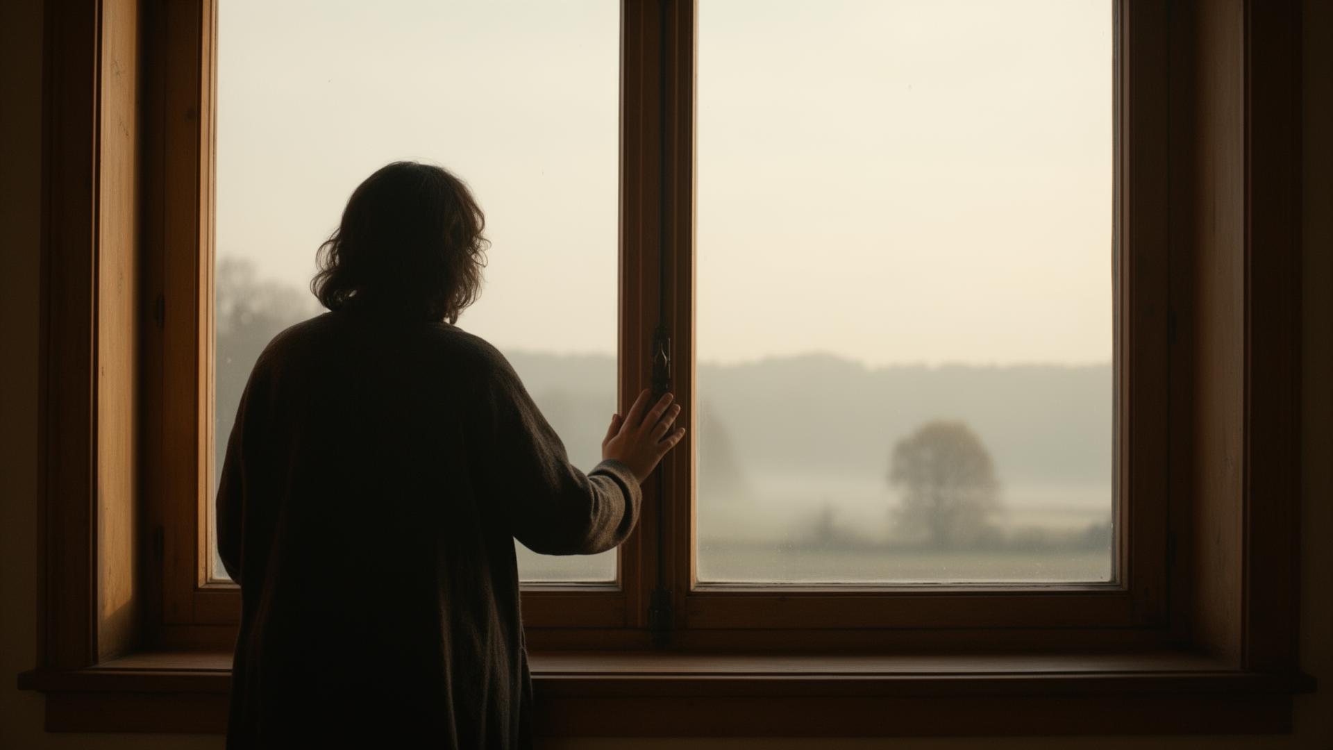 Ein Mensch hält inne am Fenster im Morgenlicht — Sinnbild für die bewusste Rückkehr nach innen.